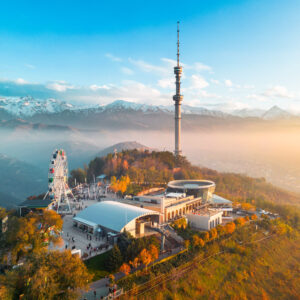 Kok-Tobe hill with Television Tower and amusement park in Almaty city