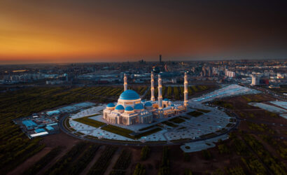 Aerial view of The Grand Mosque of Astana in Kazakhstan during beautiful sunset. It is the largest mosque in Central Asia and one of the largest in the world